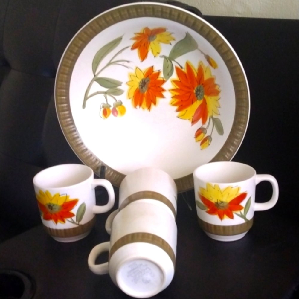 Casual ceram serving bowl and 4 cups..offers welcome